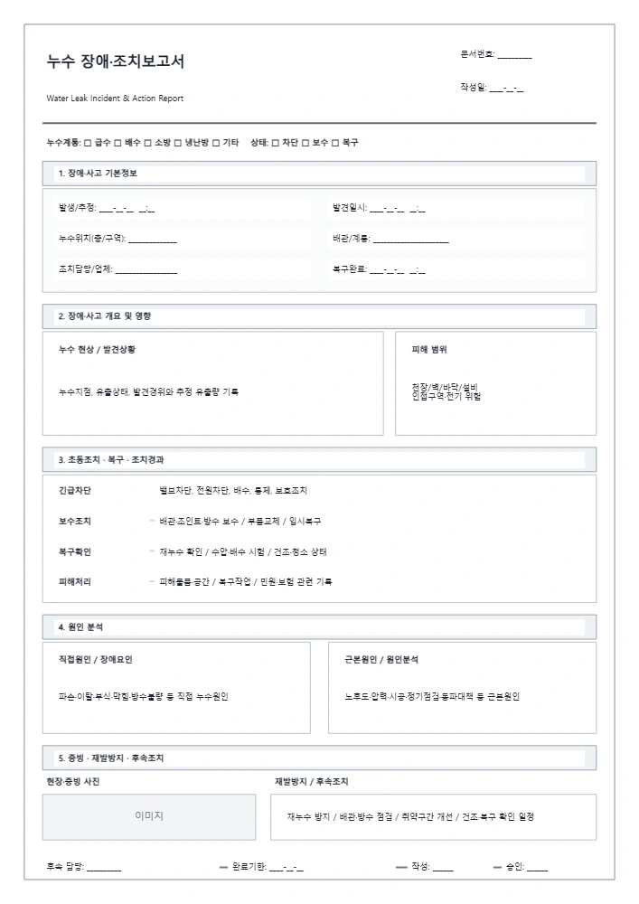 누수 장애·조치보고서 템플릿 미리보기